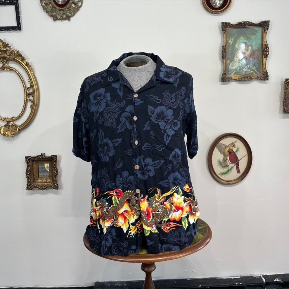 Vintage Y2k Kennington Dragon Hawaiian Shirt – Black Rayon Button-Up